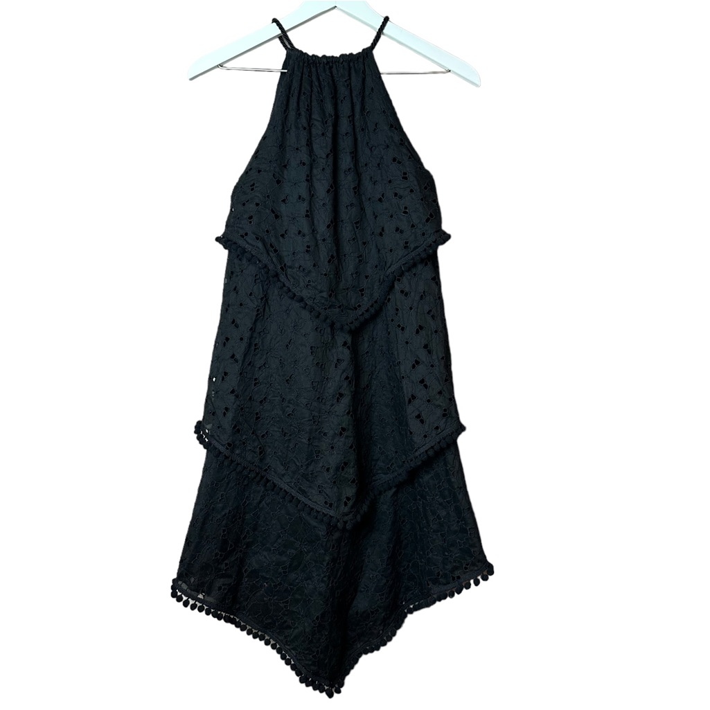 Hollywould Black Eyelet Lace Tiered Pom Sun Dress Women Sz 38 Us 8